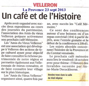 La Provence 23 sept 2013 Café Mémoire Velleron